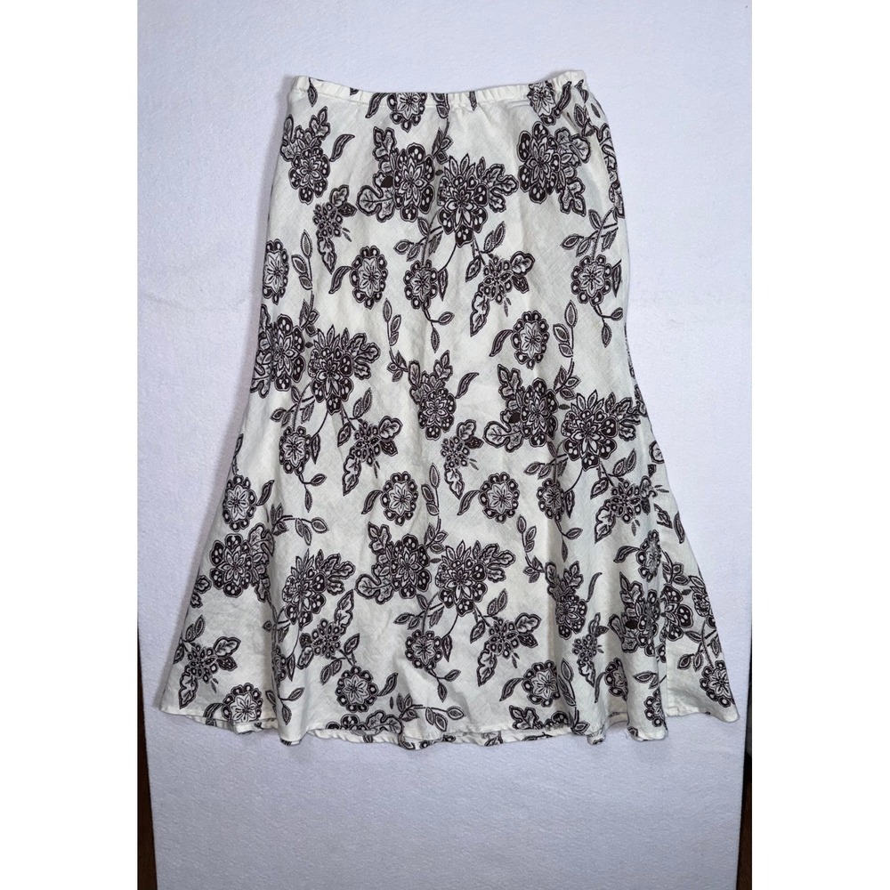JM Collection Petite‎ 100% Linen Floral Midi Skirt Cream Brown Size 4P A-Line